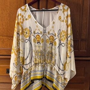 EUC XL CAbi Yellow Nautical Floral V-Neck Sheer Top with drawstring waist